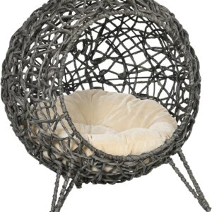 PawHut Rattan Elevated Cat Bed House Kitten Basket Ball Shaped Pet Furniture w/Removable Cushion - Silver-Tone and Grey