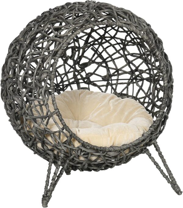 PawHut Rattan Elevated Cat Bed House Kitten Basket Ball Shaped Pet Furniture w/Removable Cushion - Silver-Tone and Grey