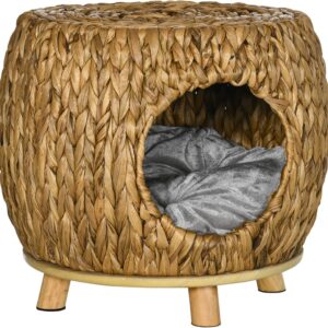 PawHut Wicker Cat House Stool for Rest, Rattan Kitten Bed for Indoor and Outdoor Use, Elevated Pet Bed with Soft Washable Cushion 44 x 43 x 41 cm