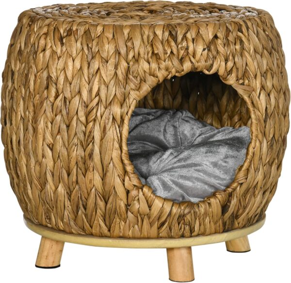 PawHut Wicker Cat House Stool for Rest, Rattan Kitten Bed for Indoor and Outdoor Use, Elevated Pet Bed with Soft Washable Cushion 44 x 43 x 41 cm