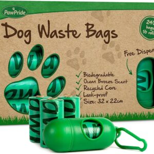 PawPride Dog Poo Bags - Pack of 240 Strong Biodegradable Waste Bags - 16 Rolls of Leak Proof Scented Dog Waste Bags with Clip-on Lead Dispenser (Ocean)