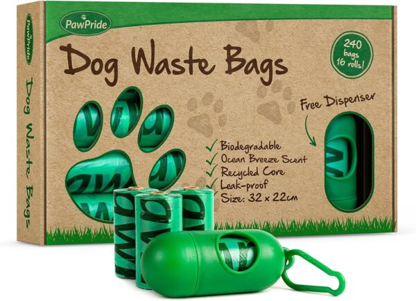 PawPride Dog Poo Bags - Pack of 240 Strong Biodegradable Waste Bags - 16 Rolls of Leak Proof Scented Dog Waste Bags with Clip-on Lead Dispenser (Ocean)