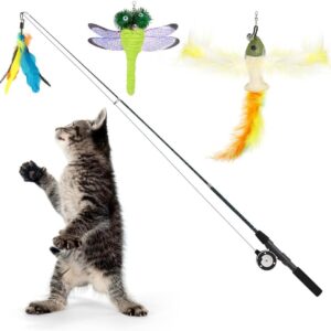 Pawaboo Cat Feather Toys, 4 Pack Interactive Cat feather Teaser Wand Toys, Retractable Fishing Pole Wand Catcher Exerciser with Refill Fish, Dragonfly Worm with Bells, Fun Kitten Kitty Toy, Colorful