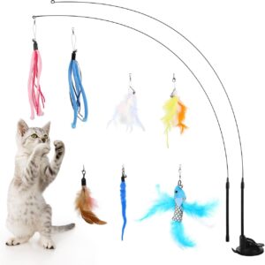 Pawaboo Cat Feather Toys, Interactive Cat Wand Toy with 2-Slot Super Suction Cup, Detachable 2 PCS Spring Cat Wand & 7 PCS Cat Teaser Replacement with Bells, Funny Kitty Toys for Indoor Kittens Play