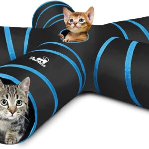 Pawaboo Cat Toys, Cat Tunnel Tube 5 Way Tunnels 25x53cm Extensible Collapsible Cat Play Tent Interactive Toy Maze Cat House with Balls and Bells for Cat Kitten Kitty Rabbit Small Animal, Blue