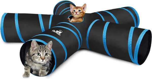 Pawaboo Cat Toys, Cat Tunnel Tube 5 Way Tunnels 25x53cm Extensible Collapsible Cat Play Tent Interactive Toy Maze Cat House with Balls and Bells for Cat Kitten Kitty Rabbit Small Animal, Blue