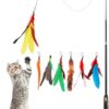 Pawaboo Feather Teaser Cat Toy, 7PCS Extensible Interactive Feather Wand Cat Toy Flying Feather Cat Catcher with Extra Long 38.6" Wand and Small Bell, Fun Exerciser Playing Toy, Colorful Stripes