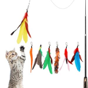 Pawaboo Feather Teaser Cat Toy, 7PCS Extensible Interactive Feather Wand Cat Toy Flying Feather Cat Catcher with Extra Long 38.6" Wand and Small Bell, Fun Exerciser Playing Toy, Colorful Stripes