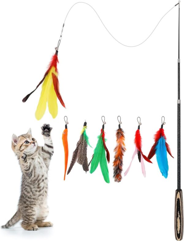 Pawaboo Feather Teaser Cat Toy, 7PCS Extensible Interactive Feather Wand Cat Toy Flying Feather Cat Catcher with Extra Long 38.6" Wand and Small Bell, Fun Exerciser Playing Toy, Colorful Stripes