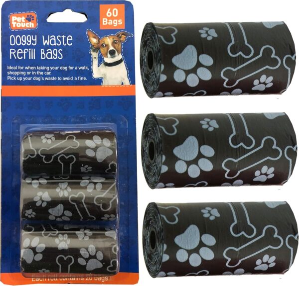 Pet Touch DOGGY WASTE REFILL BAGS POOP SCOOP REFILLABLE 60 BAGS 4 COLOURS POO BAGS FOR DOGS (Black 6 ROLLS 120 BAGS)