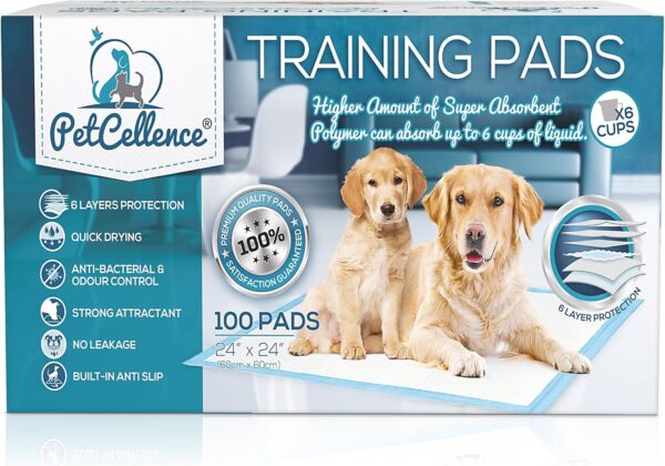 PetCellence Puppy Pads 100 Pack, Super Absorbent Pet Dog Training Pads Large 60 x 60cm with Anti-Slip Adhesive Tabs, Eliminate Odour, Leak-Proof Floor Protection Toilet Pee Mat