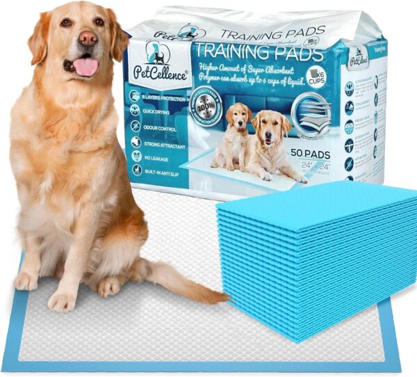 PetCellence Puppy Training Pads 50 Pack - Premium Absorbent Dog Pads with Adhesive Sticky Tabs - Leak-Proof Floor Protection Mats for Incontinent Puppies