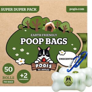 Pogi's Biodegradable Dog Poo Bags - 50 Unscented Rolls (750 Bags) +2 Dog Poo Bag Holders - Ultra Thick, Leak-Proof, Poo Bags for Dogs