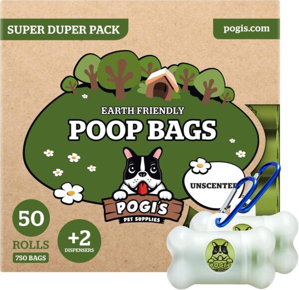 Pogi's Biodegradable Dog Poo Bags - 50 Unscented Rolls (750 Bags) +2 Dog Poo Bag Holders - Ultra Thick, Leak-Proof, Poo Bags for Dogs