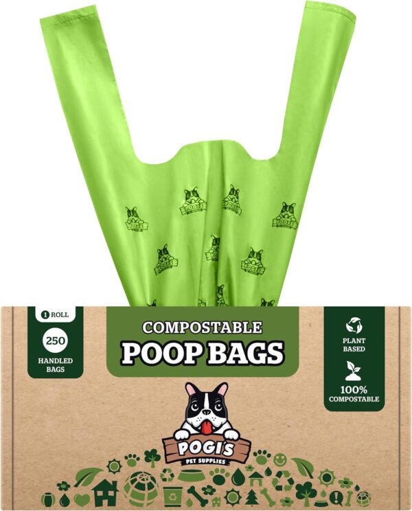 Pogi's Compostable Poop Bags - 250 Dog Poop Bags with Easy-Tie Handles - Leak-Proof, Plant-Based, ASTM D6400 Certified Home Compostable Waste Bags for Dogs