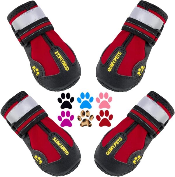 QUMY Dog Shoes for Large Dog, Medium Dogs Boots & Paw Protectors for Winter Snowy Day, Summer Hot Pavement, Waterproof in Rainy Weather, Outdoor Walking, Indoor Hardfloors Anti Slip Sole Red Size 7