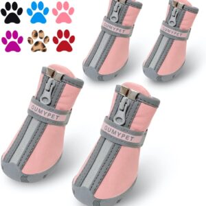 QUMY Dog Shoes for Small Dog, Puppy Dog Boots & Paw Protectors for Winter Snow Day, Summer Hot Pavement, Waterproof in Rain Weather, Ourdoor Hiking, Indoor Hardfloors with Non-slip Sole Pink Size 5