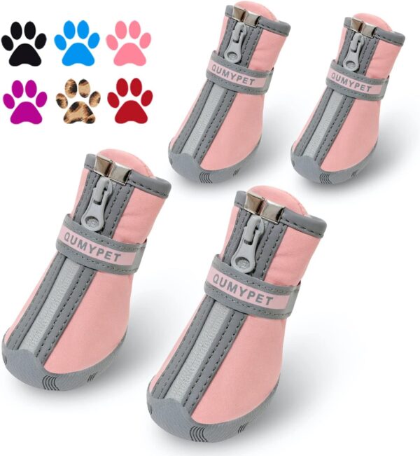 QUMY Dog Shoes for Small Dog, Puppy Dog Boots & Paw Protectors for Winter Snow Day, Summer Hot Pavement, Waterproof in Rain Weather, Ourdoor Hiking, Indoor Hardfloors with Non-slip Sole Pink Size 5