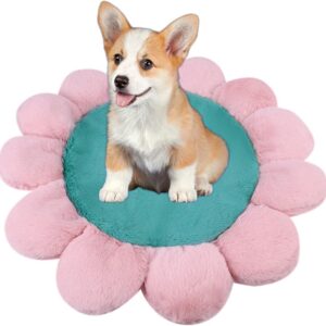 Qchomee Flower Dog Cushion Sleeping Pad Soft Blanket Cat Kitten Bed Mat Pet Plush Sofa Dog Crate Bed Mattress Dog Cage Pillow Washable Cushion Cuddler for Small Dogs Cats Kitty Puppy 55CM, Green+Pink