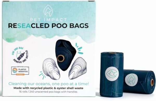 ReSEAcled Dog Poo Bags, Truly Eco Friendly Sustainable Dog Poop Waste Bags with Handles made of Recycled Plastic and Oyster Shell Waste (16 rolls, 240 bags)