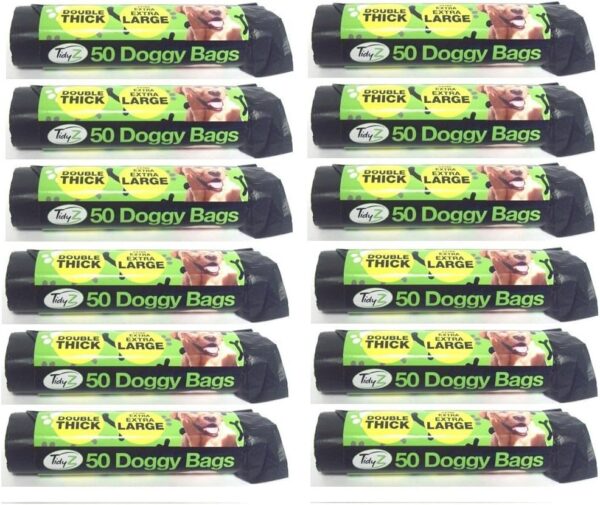 Roll of 50 Extra Strong TidyZ Black Doggy Waste Bags Dog Cat Rabbit With Tie Handle 32cm x 38cm (Pack of 12 - 600)