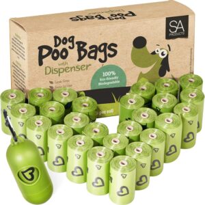 SA Products Dog Poop Bags - Compostable Dog Poo Bags for All Pets, Cats - Easy to Tear Off, Travel-Friendly, No Leak - Includes Adjustable Poop Bag Dispenser - 13.5x9" Size, 27 Rolls, 540 Pooh Baggies