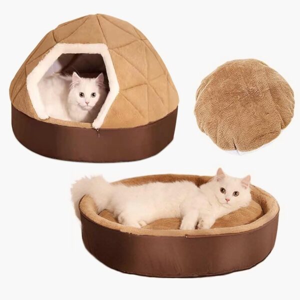 SBY Cat Igloo Bed Hooded Pet Warm Indoor Cave Sleeping Bag for Kitten Cats Small Dog Detachable Washable Foldable Soft Cosy Washable (43x43x32 cm) |Brown