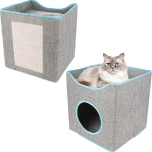 SHUESS 2 Pcs 2 in 1 Grey Cat Cave Beds for Indoor Cats - Foldable Felt Cat Bed Cave - 37 x 33 x 33 cm Cat House with Two Soft Move Cushion - Cat Hideaway for Kitten Cats Small Dogs Puppy Small Pets