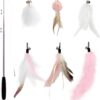 SONGWAY Cat Feather Stick Toy - 7 PCS Cat Feather Toys, 1 Cat Teaser Wand with 6 Feather Refills with Bell, Interactive Cat Toy Wand for Indoor Cat and Kitten, Pink