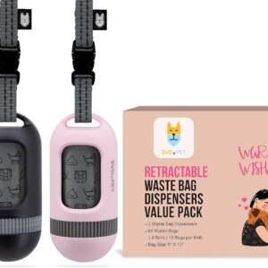 SVD.PET [2-Pack] Retractable Waste Bag Dispensers Gift Set, 2 Pet Waste Bag Holders with 60 large Waste Bags, Dog Walking Accessory Gift Value Pack (Black & Primrose Pink)