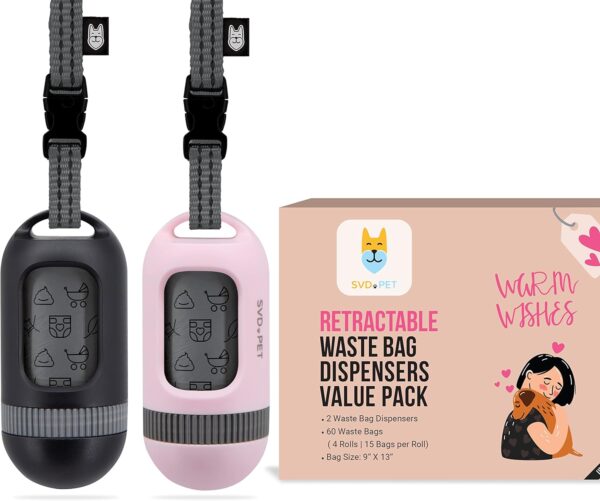 SVD.PET [2-Pack] Retractable Waste Bag Dispensers Gift Set, 2 Pet Waste Bag Holders with 60 large Waste Bags, Dog Walking Accessory Gift Value Pack (Black & Primrose Pink)