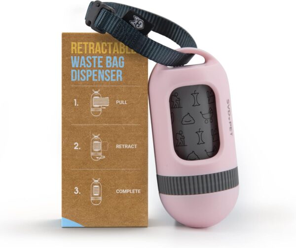 SVD.PET Dog Poop Bag Dispenser, Retractable Waste Bag Fits Any Dog Leash, Compostable Poop Bag Holder, Dog Walking Accessory (Primrose Pink)