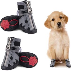 Small Dog Shoes Waterproof Protective Dog Boots Set of 4, Dog Puppy Booties Non-Slip Sole Paw Protector with Reflective Straps Pet Shoes Warm for Puppy Small Medium Dogs Outdoor Reflective Black 5#