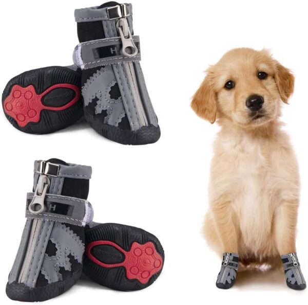 Small Dog Shoes Waterproof Protective Dog Boots Set of 4, Dog Puppy Booties Non-Slip Sole Paw Protector with Reflective Straps Pet Shoes Warm for Puppy Small Medium Dogs Outdoor Reflective Black 5#