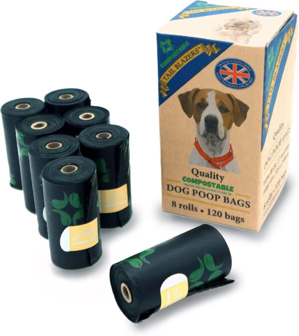 TAIL BLAZERS™ Quality Compostable Dog Poo Bags 120. Corn Starch Waste Bag Rolls for Dogs. Thick, Double Seal, Leak Proof. Different from Biodegradable Poo Bag. Easy Tear Dog Poop Bags.