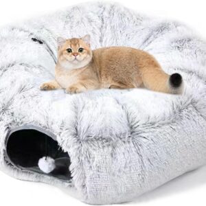 TUAHOO 33.5" Cat Tunnel Bed with Washable Cushion Mat for Indoor Cats, Peekaboo Cat Cave, Donut Cat Play Tunnel, Soft Fluffy Pet Bed for Cats, Small Dogs, Kitten, Puppy, Rabbit, Ferret