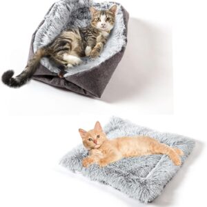 TUAKIMCE Cat Bed for Indoor Cats, 2 in 1 Plush Cat Blanket Cat Cushion Bed Kitten Bed Soft Warm Washable Foldable Sleeping Bag Mat Blanket for Kittens Puppy Cat Small Dog