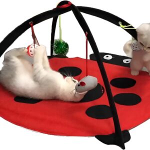 Tofern Multi-Function Pet Kitten Cat Interactive Activity Soft Fleece Folding Toy Mat Bed Hammock Tent With Hanging Mouse Bell Balls, red