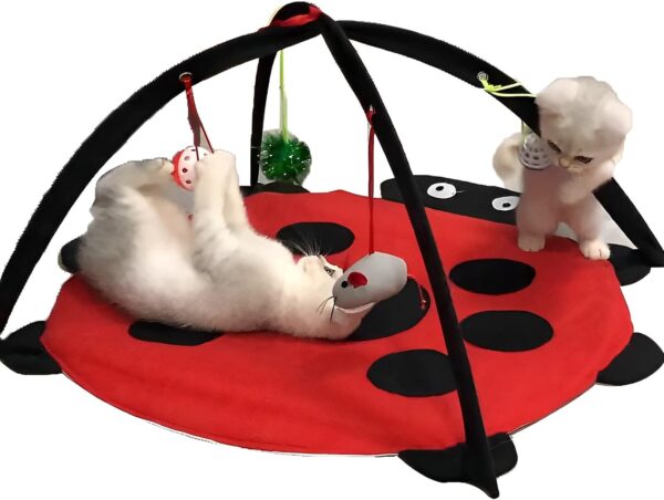 Tofern Multi-Function Pet Kitten Cat Interactive Activity Soft Fleece Folding Toy Mat Bed Hammock Tent With Hanging Mouse Bell Balls, red