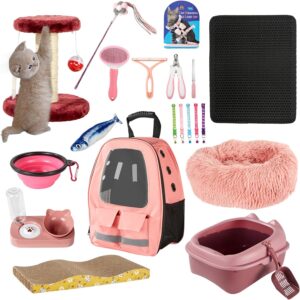 Tuykay Kitten Supplies Starter Kit, Pink Cat Starter Kit for Indoor Cats, Cat Essentials and Cat Stuff includes Cat Litter Box & Shovel, Pet Backpack, Pink Cat Bed and More, Perfect for Your New Cat