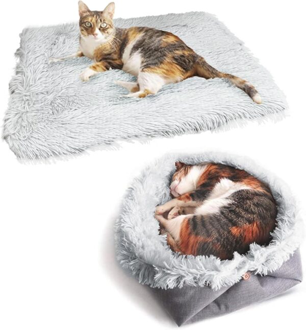 VERTUPET Fluffy Soft Cat Bed 2 in 1 Cat Mat Pet Bed for Kitten Small Dogs Warm&Soft Washable|Convertible cat Blanket Sleeping Bag for Indoor Cat Plush Cushion Bed