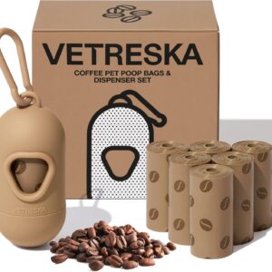 VETRESKA Dog Waste Bag Dispenser with Coffee Scent - Leak Proof, Extra Thick Pet Waste Bags - 1 Bag Holder, 105 Bags (7 Refill Rolls) for Dogs and Cats