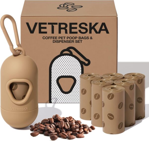 VETRESKA Dog Waste Bag Dispenser with Coffee Scent - Leak Proof, Extra Thick Pet Waste Bags - 1 Bag Holder, 105 Bags (7 Refill Rolls) for Dogs and Cats