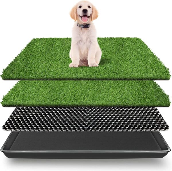 VKMUOI Dog Grass Pad with Tray Dog Training Floor Protection Trays Pet Training Pads with Tray Reusable Fake Grass for Dog to Pee on Dog Litter Box-Indoor Dog Potty Tray with Pee Pads (50 x 60 CM)