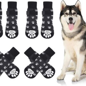 Vyuwast 8 Pcs Dog Socks Paws Stop Licking Anti-Slip Dog Paw Protectors with Adjustable Straps Dog Socks with Grips for Small Medium Large Dogs Puppy Indoor Outdoor Hardwood Floor Walking(M Black)