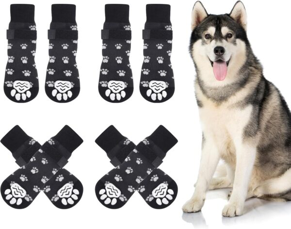 Vyuwast 8 Pcs Dog Socks Paws Stop Licking Anti-Slip Dog Paw Protectors with Adjustable Straps Dog Socks with Grips for Small Medium Large Dogs Puppy Indoor Outdoor Hardwood Floor Walking(M Black)