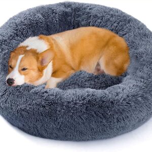 WEASHUME Calming Dog Cat Bed 50/70/85/100 Plush Donut for Large Medium Small Dog Cat Calming Anxiety Relief Fluffy Soft Cuddler Round Pet Nest Orthopedic Relief Anti-Slip Dark Grey 85cm