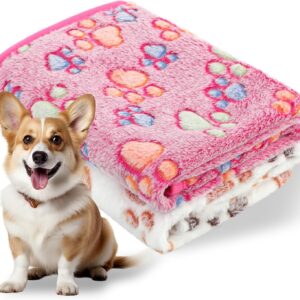 WLLHYF 2 PCS Pet Blanket Flannel Cozy Warm Calming Blanket Paw Print Throw Bed Cover for Cat Dogs Puppy Kitten (23x16 Inch) (Pink + Beige)