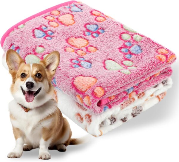 WLLHYF 2 PCS Pet Blanket Flannel Cozy Warm Calming Blanket Paw Print Throw Bed Cover for Cat Dogs Puppy Kitten (23x16 Inch) (Pink + Beige)