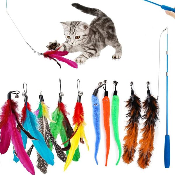 Wefine 11 Pcs Cat Feather Toys, Interactive Kitten Toys for indoor Cat Kitten,1 Retractable Cat Teaser Wand with 10 Feather Refills